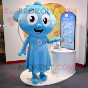 Sky Blue Bracelet mascot costume character dressed with a Shift Dress and Lapel pins