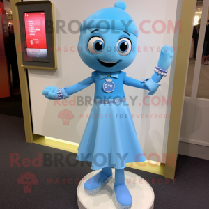 Sky Blue Bracelet mascot costume character dressed with a Shift Dress and Lapel pins