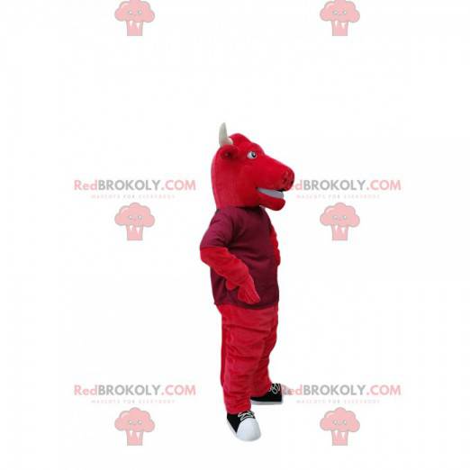 Mascotte de taureau rouge avec de grandes cornes blanches. -