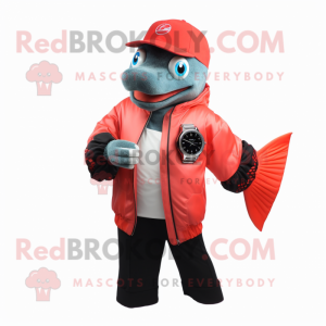 Red Salmon mascot costume character dressed with a Jacket and Digital watches