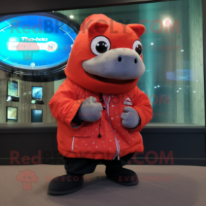 Red Salmon mascot costume character dressed with a Jacket and Digital watches