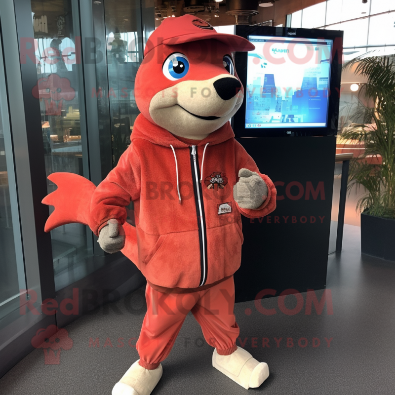 Red Salmon mascot costume character dressed with a Jacket and Digital watches