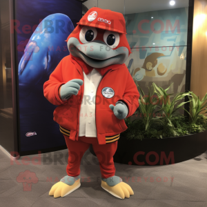 Red Salmon mascot costume character dressed with a Jacket and Digital watches