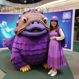 Purple Glyptodon mascot costume character dressed with a Maxi Skirt and Caps