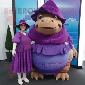 Purple Glyptodon mascot costume character dressed with a Maxi Skirt and Caps