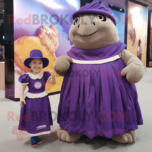 Purple Glyptodon mascot costume character dressed with a Maxi Skirt and Caps