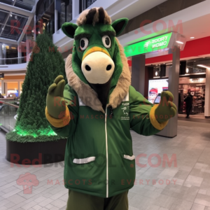 Forest Green Horse mascot costume character dressed with a Parka and Mittens