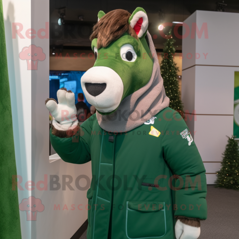 Forest Green Horse mascot costume character dressed with a Parka and Mittens