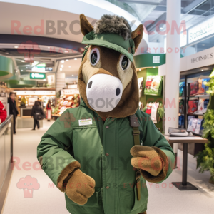Forest Green Horse mascot costume character dressed with a Parka and Mittens