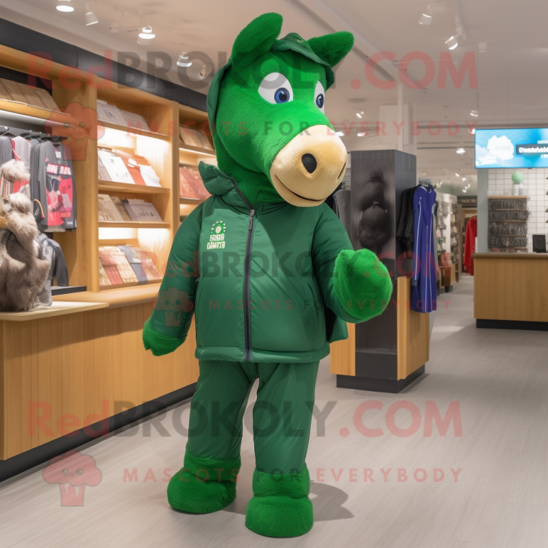 Forest Green Horse mascot costume character dressed with a Parka and Mittens