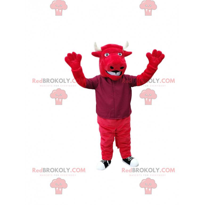 Mascote touro vermelho com grandes chifres brancos. -