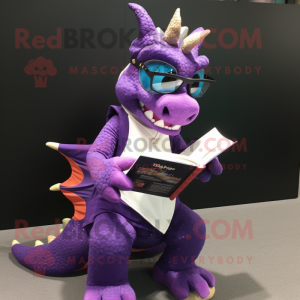 Purple Dragon mascot costume character dressed with a Suit and Reading glasses