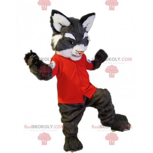 Graues wildes Katzenmaskottchen mit einem roten Hemd -