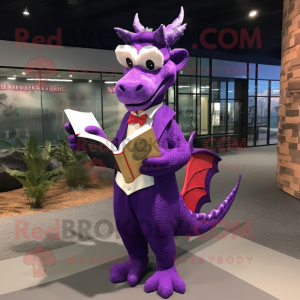 Purple Dragon mascot costume character dressed with a Suit and Reading glasses