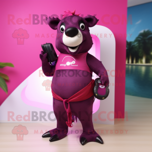 Magenta Tapir mascot costume character dressed with a Swimwear and Belts