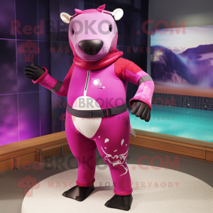 Magenta Tapir mascot costume character dressed with a Swimwear and Belts
