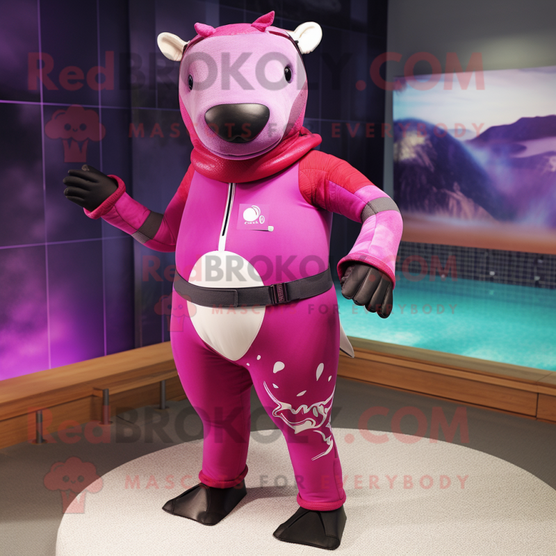 Magenta Tapir mascot costume character dressed with a Swimwear and Belts Magenta Tapir mascot costume character dressed with a Swimwear and Belts
