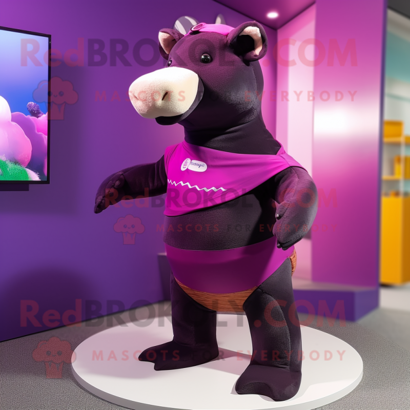 Magenta Tapir mascot costume character dressed with a Swimwear and Belts