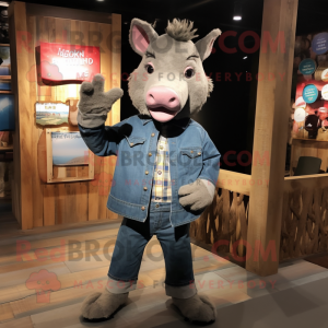 Gray Sow mascot costume character dressed with a Chambray Shirt and Shoe clips