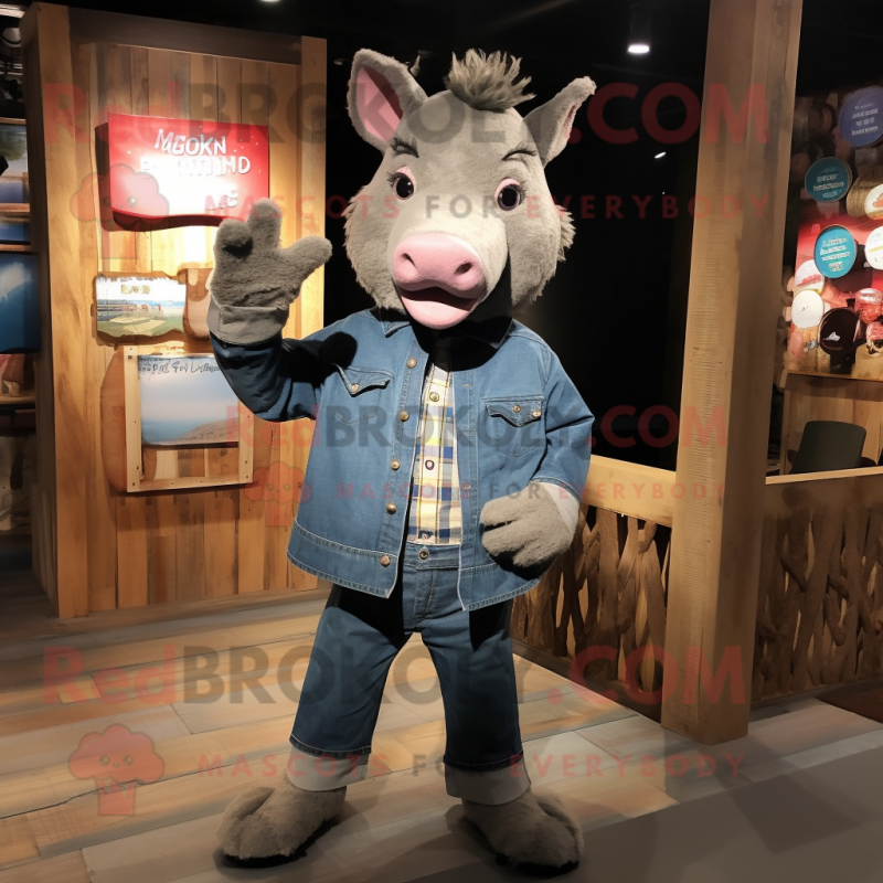 Gray Sow mascot costume character dressed with a Chambray Shirt and Shoe clips Gray Sow mascot costume character dressed with a Chambray Shirt and Shoe clips