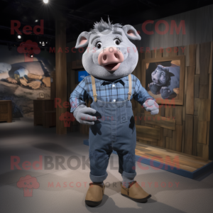 Gray Sow mascot costume character dressed with a Chambray Shirt and Shoe clips