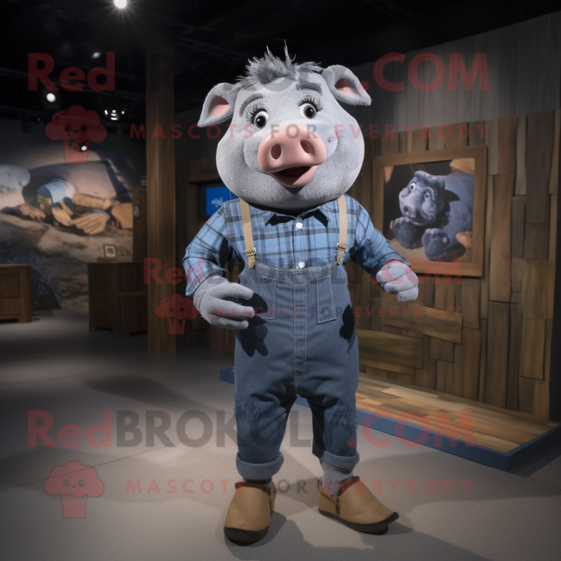 Gray Sow mascot costume character dressed with a Chambray Shirt and Shoe clips Gray Sow mascot costume character dressed with a Chambray Shirt and Shoe clips