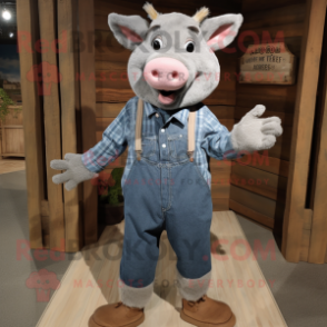 Gray Sow mascot costume character dressed with a Chambray Shirt and Shoe clips