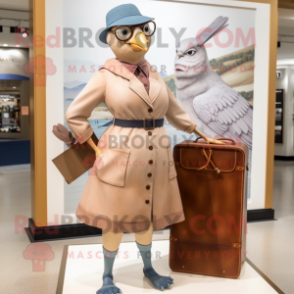 Cream Passenger Pigeon mascot costume character dressed with a Sheath Dress and Eyeglasses