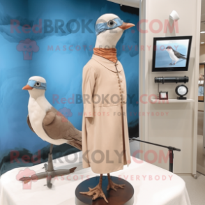 Cream Passenger Pigeon mascot costume character dressed with a Sheath Dress and Eyeglasses