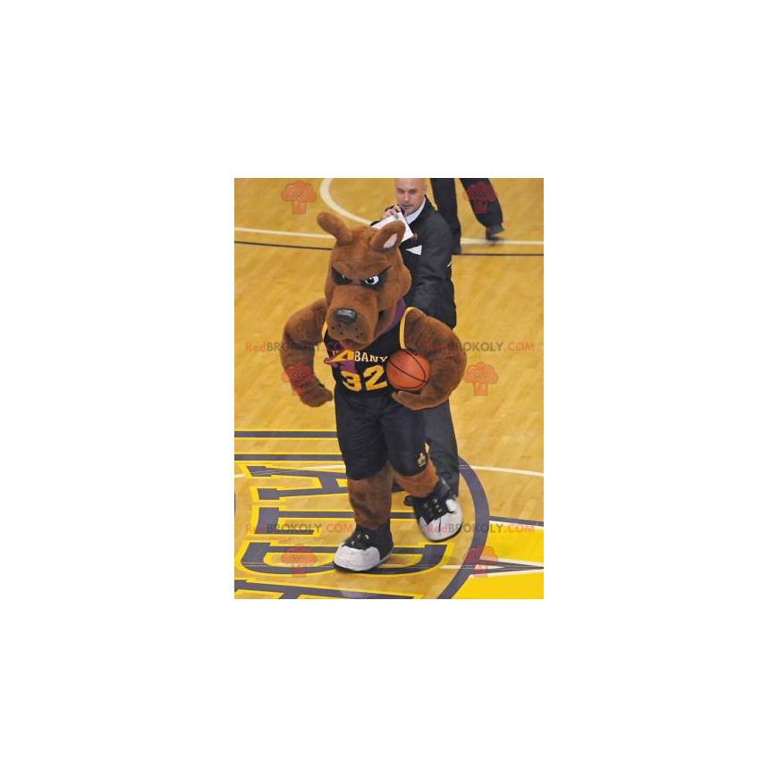 Brown dog mascot in basketball outfit - Redbrokoly.com