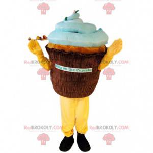 Mascota de cup-cake marrón y azul. Disfraz de cupcake -