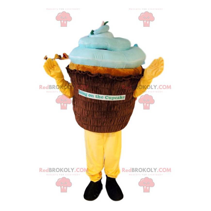 Mascota de cup-cake marrón y azul. Disfraz de cupcake -