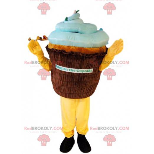 Mascotte cup-cake marrone e blu. Costume da cupcake -