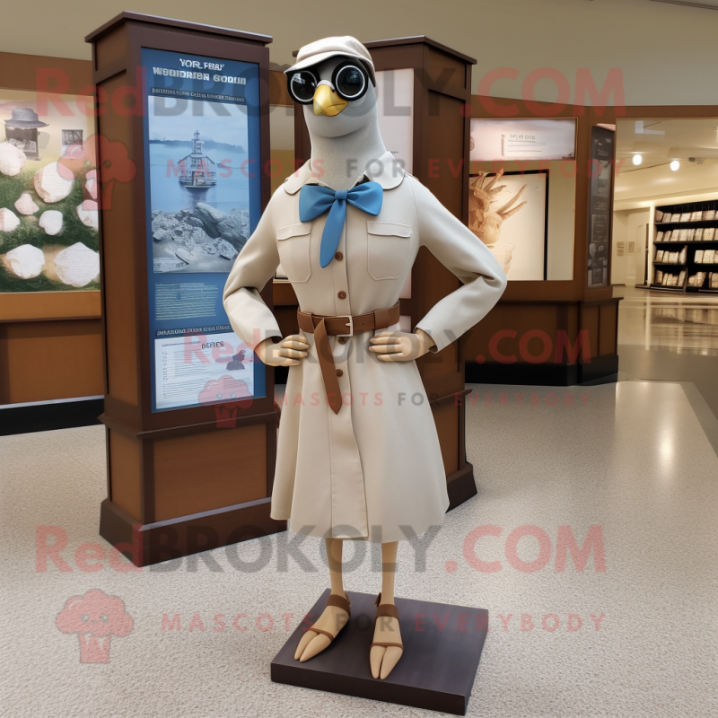 Cream Passenger Pigeon mascot costume character dressed with a Sheath Dress and Eyeglasses Cream Passenger Pigeon mascot costume character dressed with a Sheath Dress and Eyeglasses