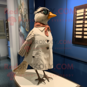 Cream Passenger Pigeon mascot costume character dressed with a Sheath Dress and Eyeglasses