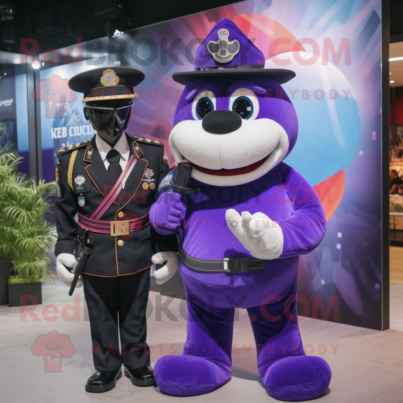 Purple Special Air Service mascot costume character dressed with a Tuxedo and Keychains Purple Special Air Service mascot costume character dressed with a Tuxedo and Keychains