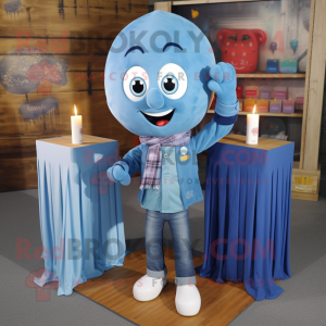 Blue Scented Candle mascot costume character dressed with a Chambray Shirt and Scarf clips