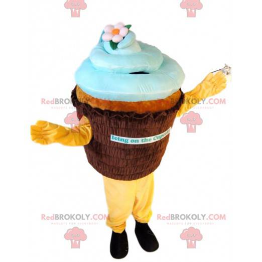 Mascotte cup-cake marrone e blu. Costume da cupcake -