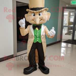Beige Leprechaun mascot costume character dressed with a Tuxedo and Foot pads