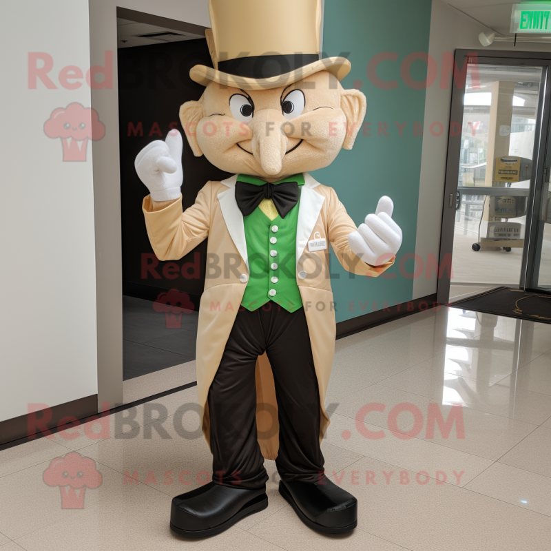 Beige Leprechaun mascot costume character dressed with a Tuxedo and Foot pads Beige Leprechaun mascot costume character dressed with a Tuxedo and Foot pads