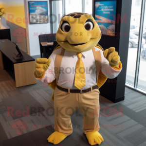 Gold Sea Turtle mascot costume character dressed with a Button-Up Shirt and Tie pins