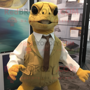 Gold Sea Turtle mascot costume character dressed with a Button-Up Shirt and Tie pins