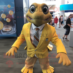 Gold Sea Turtle mascot costume character dressed with a Button-Up Shirt and Tie pins