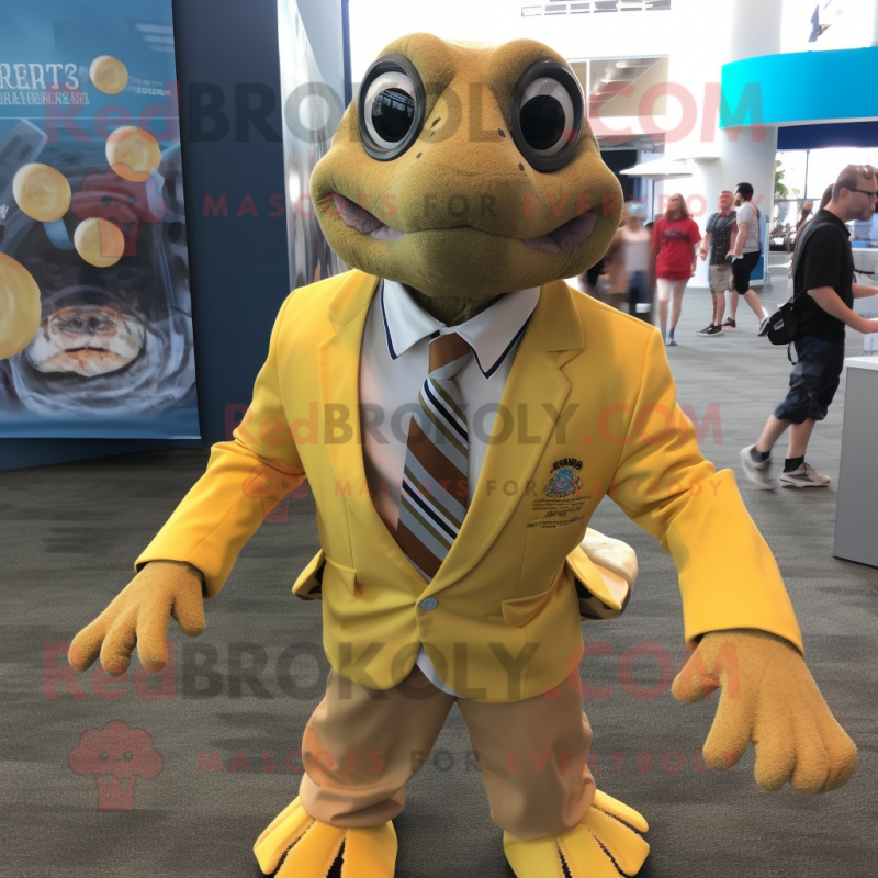 Gold Sea Turtle mascot costume character dressed with a Button-Up Shirt and Tie pins Gold Sea Turtle mascot costume character dressed with a Button-Up Shirt and Tie pins