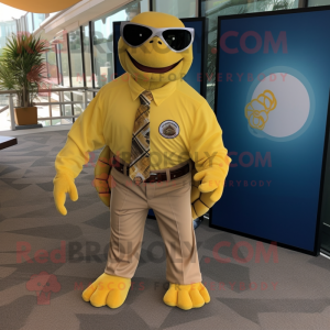 Gold Sea Turtle mascot costume character dressed with a Button-Up Shirt and Tie pins