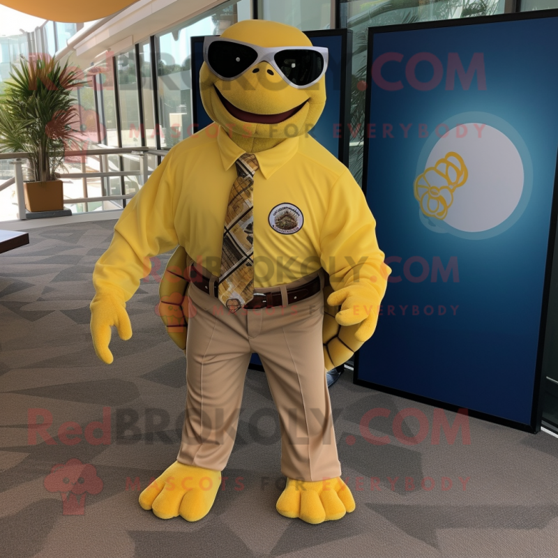 Gold Sea Turtle mascot costume character dressed with a Button-Up Shirt and Tie pins Gold Sea Turtle mascot costume character dressed with a Button-Up Shirt and Tie pins