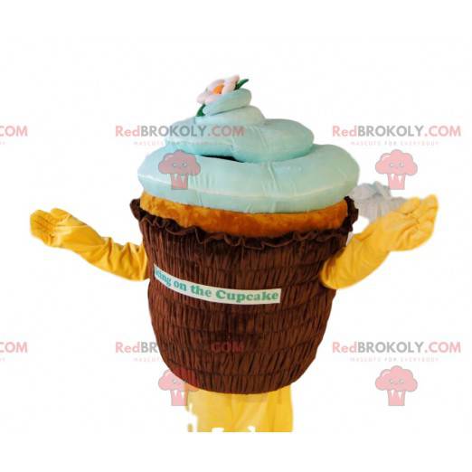 Mascote do cupcake marrom e azul. Fantasia de cupcake -
