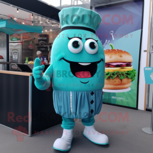 Teal Burgers mascot costume character dressed with a Playsuit and Shoe clips