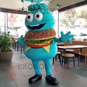 Teal Burgers mascot costume character dressed with a Playsuit and Shoe clips