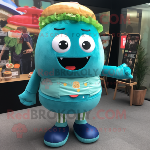 Teal Burgers mascot costume character dressed with a Playsuit and Shoe clips